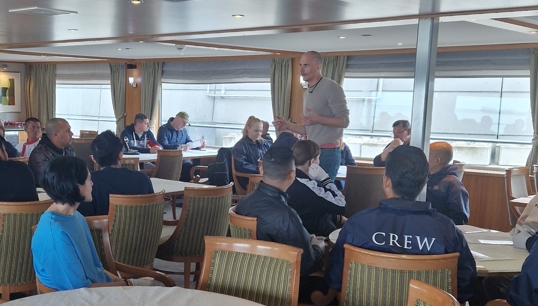 Image:Nautilus national organiser Holger Schatz with members including lay reps at a Swiss crew meeting onboard cruiseship River Discovery in Lelystadt.  Image: Nautilus International