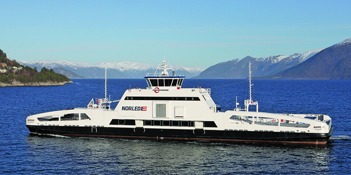 Image:The pioneering Norwegian battery-powered ferry Ampere.  Image: Samferdseltsfoto