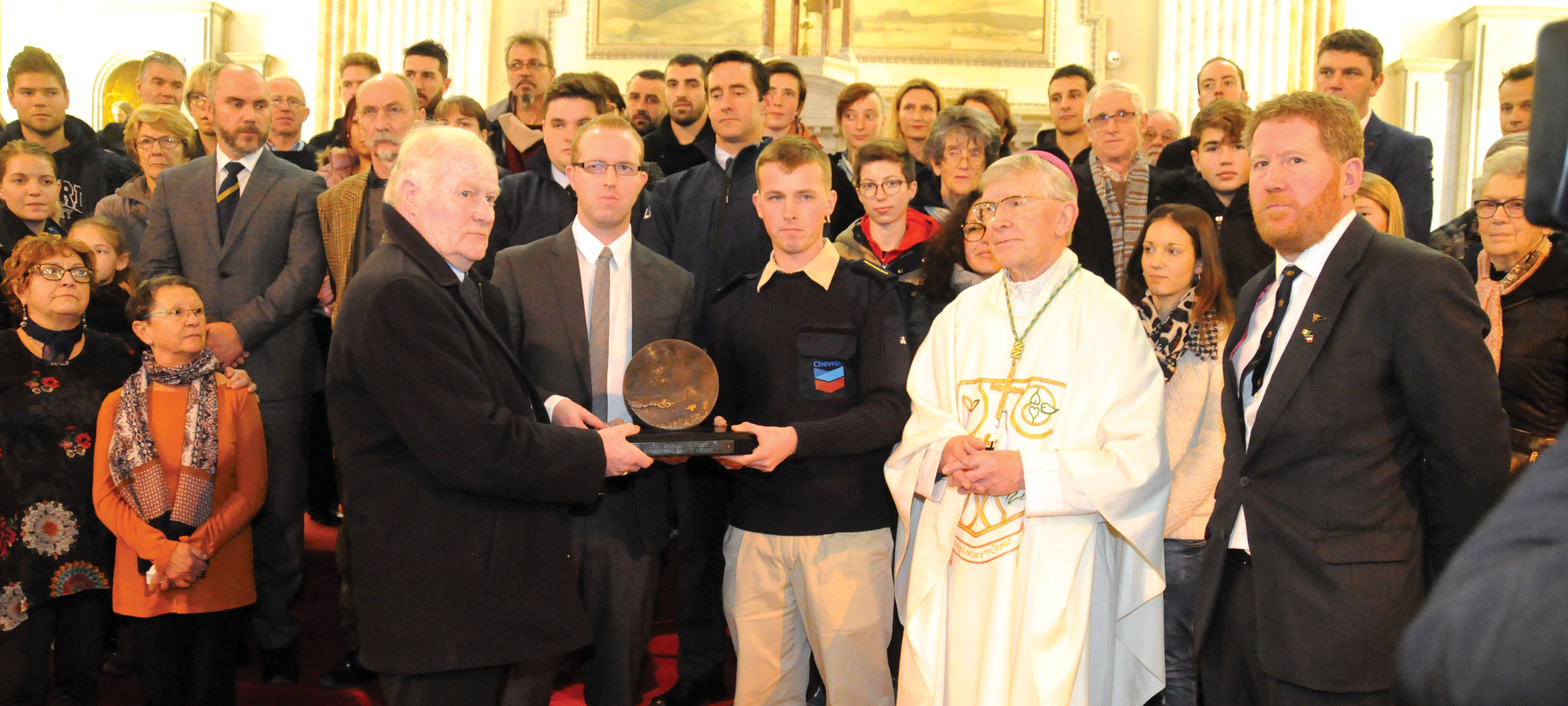 Image:Chevron and National Maritime College of Ireland cadet Kean Kervick is pictured with John Fitzpatrick, Stewart Inglis from the International Chamber of Shipping, Bishop of Cork & Ross Dr John Buckley, and Michael Kingston, as he received this year's Betelgeuse Memorial Safety Award. Image: Southern Star
