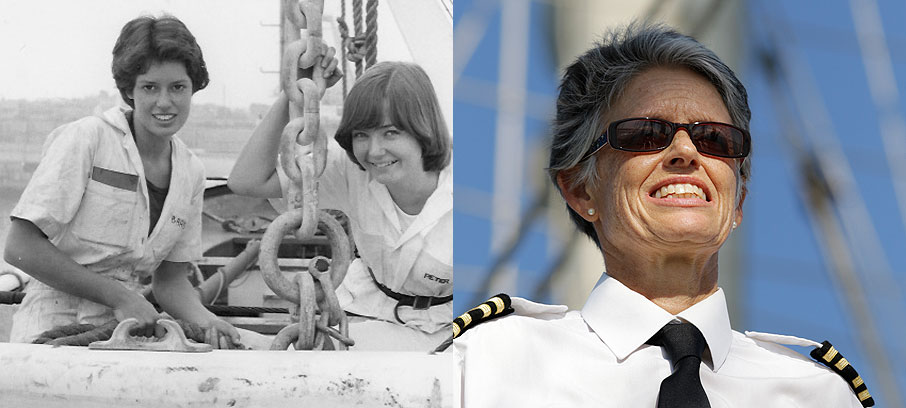 Image:Capt Campbell (left) and a colleague onboard the Strathmay during her early days at P&O, and right, onboard the JST vessel Tenacious, September 2015
