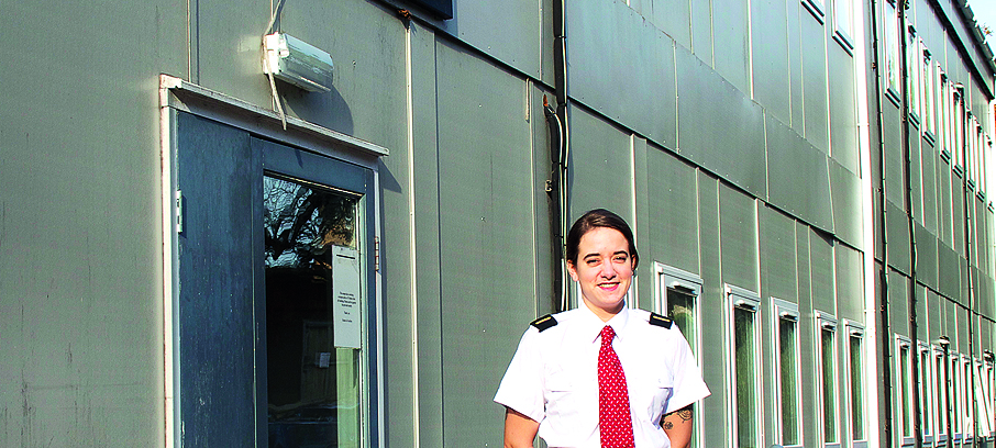 Image:Bringing the story into the 21st century: Warsash engineering cadet Arleen Cameron
outside the building named after pioneering engineer Victoria Drummond. Image: Warsash Maritime Academy.