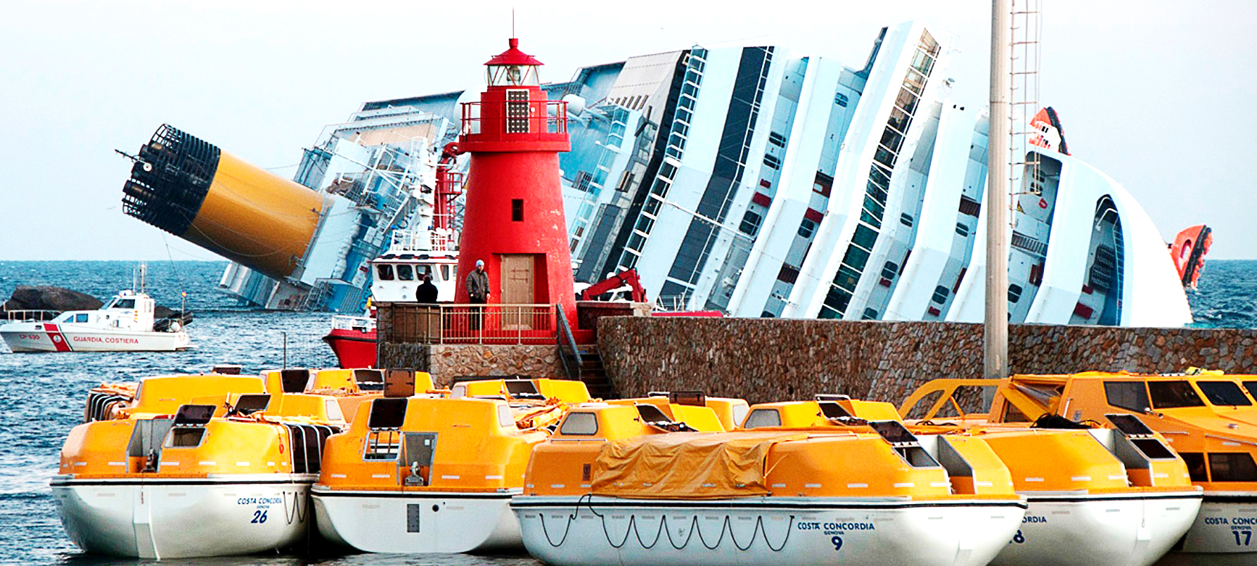 Image:Only three of Costa Concordia's 69 liferafts were successfully launched after the vessel capsized.
