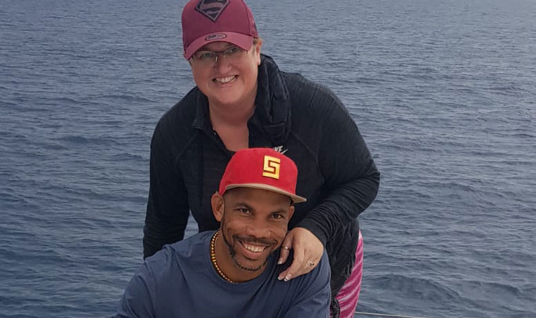 Image:Helene enjoying a recent sailing trip with her husband Jerome
