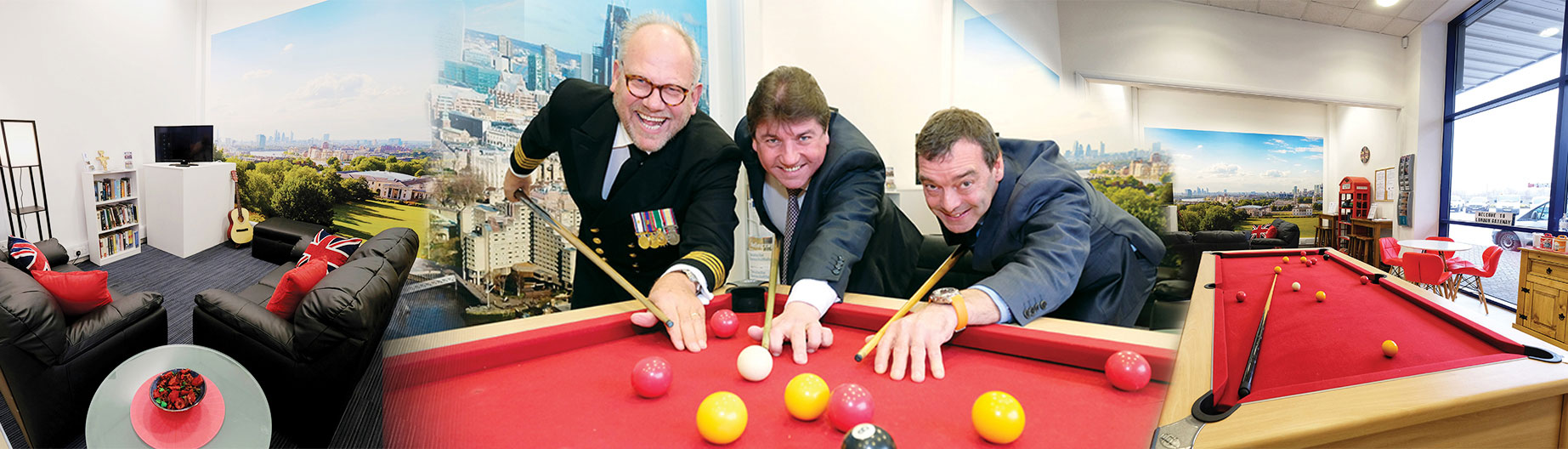 Image:L-R Harbour master Colin Hitchcock, Stephen Metcalfe MP and QVSR chief executive Alexander Campbell try out the new pool table after the opening ceremony. Image: QVSR