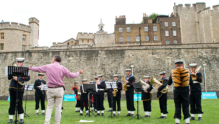 Image:Sea Cadet Matthew Ashdown (centre, with saxophone) in the group playing an original composition