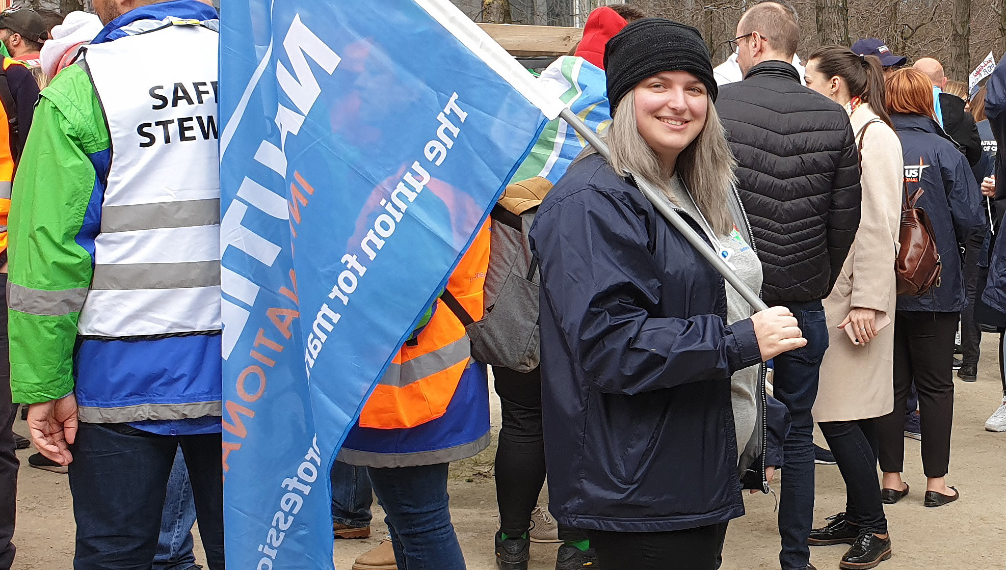 Image:Second officer Sam Belfitt attending the Fair Transport Europe campaign in 2019 as part of the Union's Young Maritime Professionals delegation.