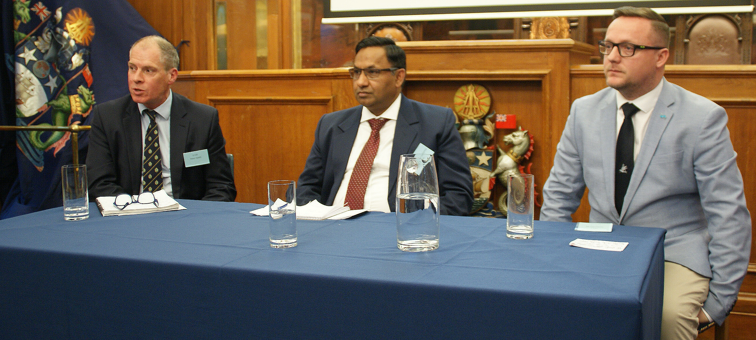 Image:Left to right: Peter Aylott, of the Honourable Company of Master Mariners; Nautical Institute training and accreditation development manager Captain Maneesh Varma; and V.Group cadet training officer Lee Clarke.