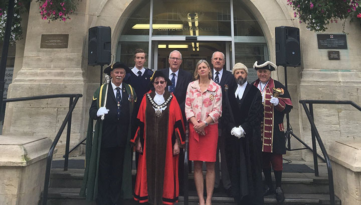 Image:Dignitaries mark Merchant Navy Day 2019 at Chippenham Town Hall in Wiltshire, joined by Nautilus member George Belcher (back left)