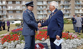 Image:Colonel John Andreas Olsen (left) with Cllr Mike Connolly at the Royal Norwegian Navy garden of remembrance after the Merchant Navy Day service at Dover Town Hall
