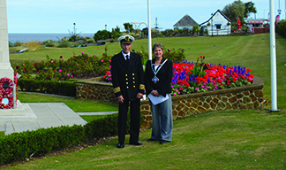 Image:Nautilus member David Kent with the local mayor Cllr Amanda Bosworth at the raising of the red ensign to mark Merchant Navy Day in Hunstanton, Norfolk