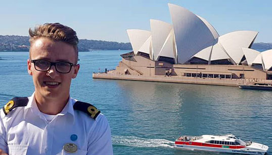 Image:Third Officer Max Bingle is the youngest person to receive the Merchant Navy Medal honour, in recognition for his bravery while saving three men from a sinking boat at sea in July 2019. Image: Princess Cruises, Twitter