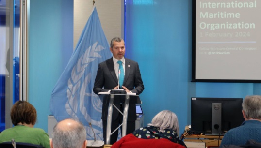 Image:IMO secretary-general Arsenio Dominguez stressed that seafarers' rights must come before commercial considerations in a February 2024 press briefing attended by Nautilus. Image: IMO