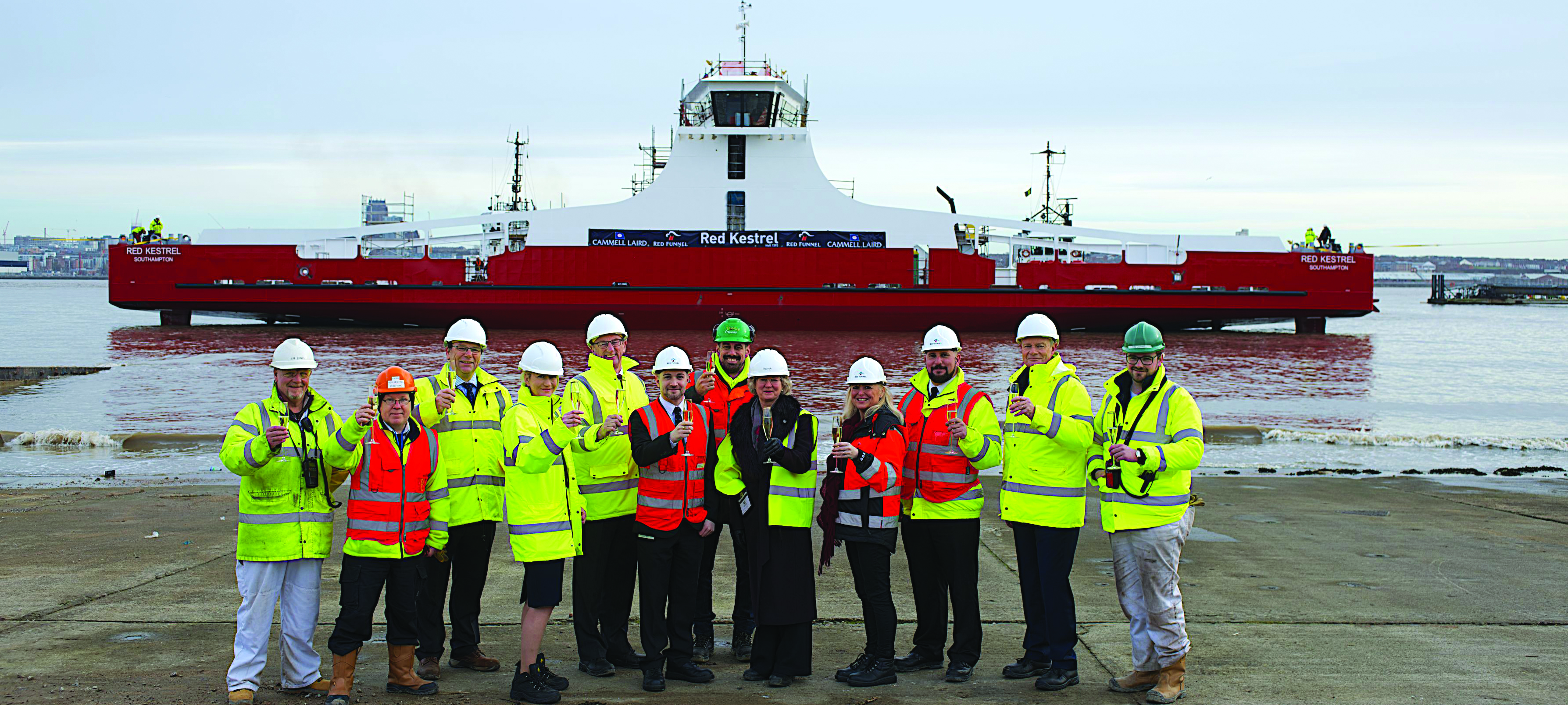 Image:Pictured, left to right, at Red Kestrel’s float-off, are: Jeff Jones (Cammell Laird); Aidan Bannon (Red Funnel); Sean Chambers (RF); Fran Collins (CEO, RF); Mark Slawson (operations director, RF); Lewis Grant (RF); Stuart Bendall (RF); Karen George (ship godmother); Kay Andrews; Captain Ned Tutton; Kevin George (chairman, RF); and Tom Curwell (CL).
