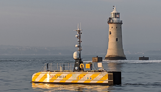 Image:SEA-KIT's first uncrewed survey vessel Maxlimer as it appeared when it was entered for the Shell Ocean Discovery X Prize for remote surveying. Image: Sonardyne International
