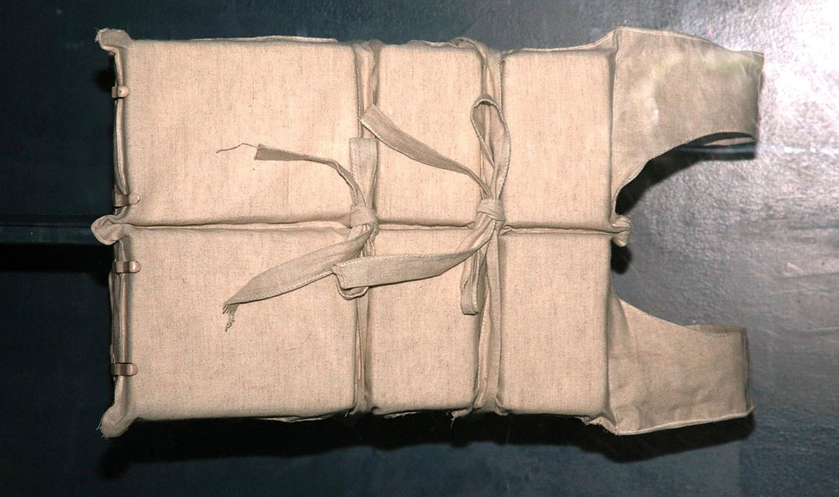 Image:One of the Titanic’s cork-filled lifejackets, which were blamed for the death of many of those who jumped overboard

