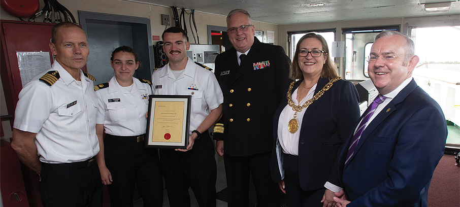 Image:Pictured, left to right, are: Empire State VI's master, Captain Richard Smith; senior engineer cadet officer Hannah Leese; senior deck cadet officer Andrew Mayhew; SUNY president Rear Admiral Michael Alfultis; Lord Provost of Glasgow Eva Bolander; and City of Glasgow College principal Paul Little.