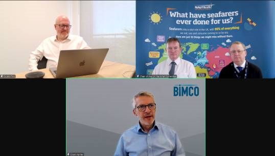 Image:Speakers at the 2024 Nautilus UK Branch Conference, clockwise from top left: Matt Frank of Acoris, Iain MacKenzie and Mark Dickinson of Nautilus, Grant Hunter of BIMCO. Image: screenshot of online conference