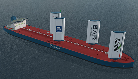 Image:An artist's impression of the planned WindWings system in development by BAR Technologies and Yara Marine Technologies