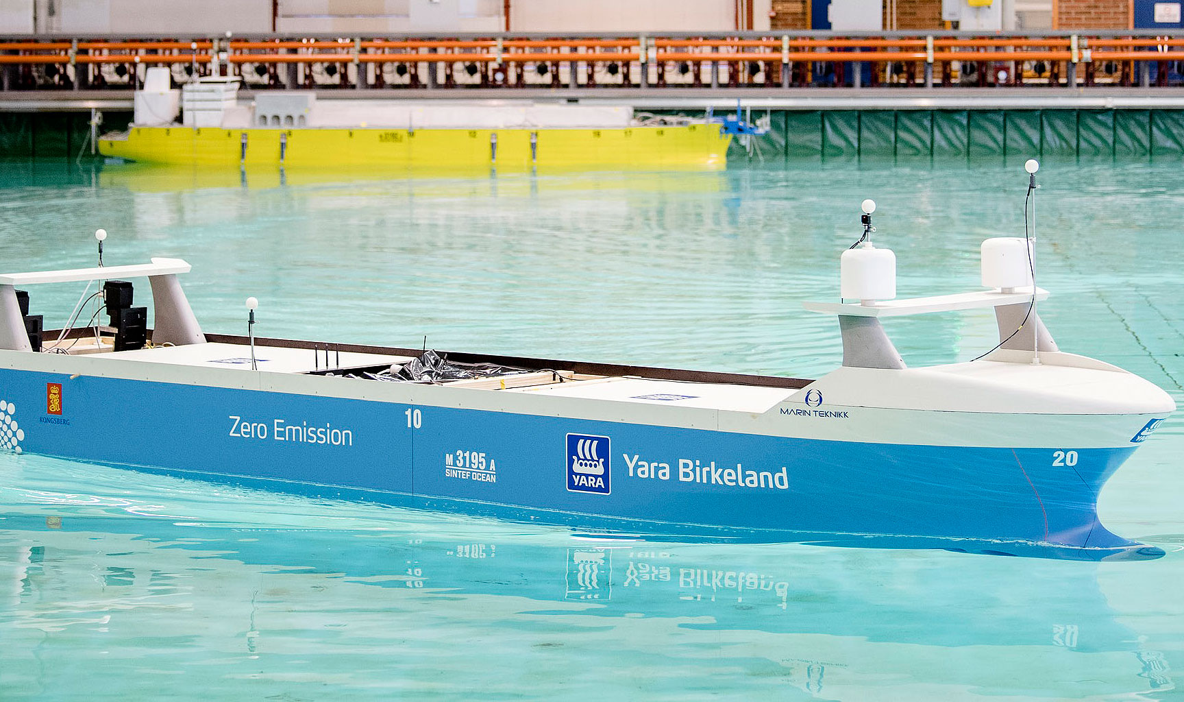 Image:Model tests of the Yara Birkeland, which is set to be the world's ﬁrst autonomous, zero-emissions shortsea cargo vessel and is due to come into service early in 2020