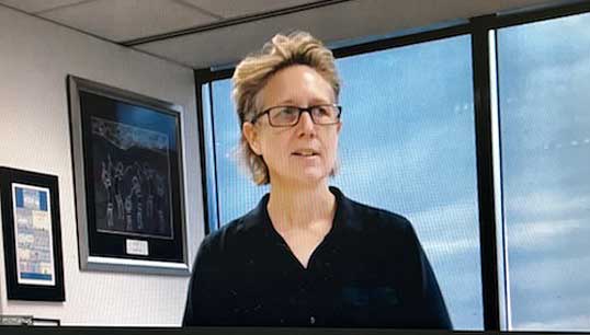 Image:ACTU secretary Sally McManus addressing the videoconference meeting. Image: Martin Byrne, AIMPE.

