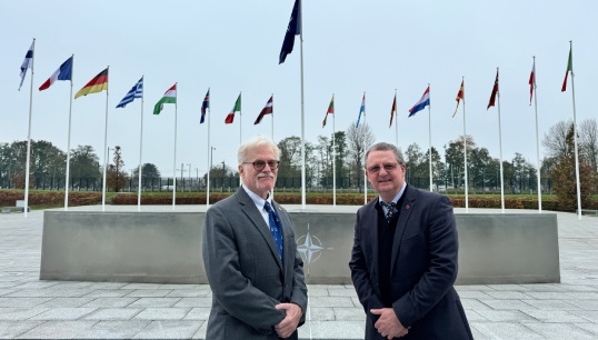Image:Maritime union representatives Don Marcus and Mark Dickinson at NATO headquarters in Brussels for their November 2024 presentation to the NATO Transport Group on the defence contribution of the mercantile marine. Image: Nautilus International
