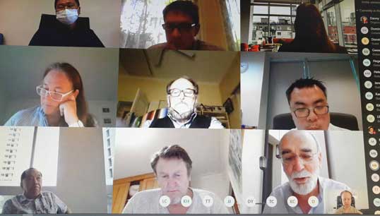 Image:Nautilus Federation coordinator Danny McGowan (insert lower right) hosts one of two video meetings for members of unions affiliated to the Nautilus Federation at the launch of the new website.