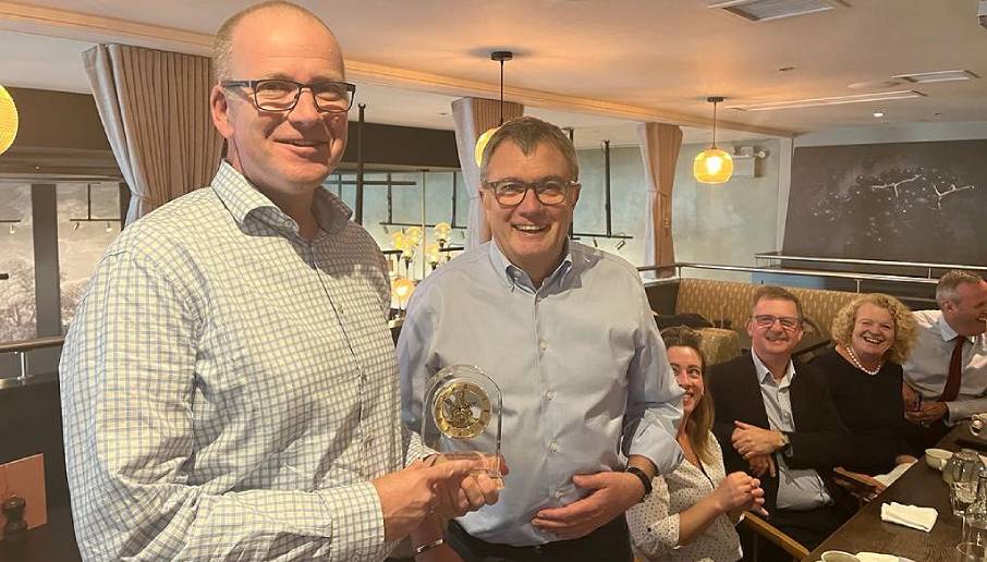 Image:Remko Kloos (left), the chair of the Dutch Merchant Navy Pension Fund (BPFK), is presented with a glass clock during a meeting of UK and Netherlands Union officials in London in 2022.  Image: Nautilus International