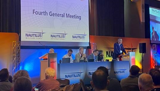 Image:Nautilus council member Fraser Matthew proposing the motion Review of One Union support for Cadets to the 2023 Nautilus International General Meeting. Image: Nautilus International