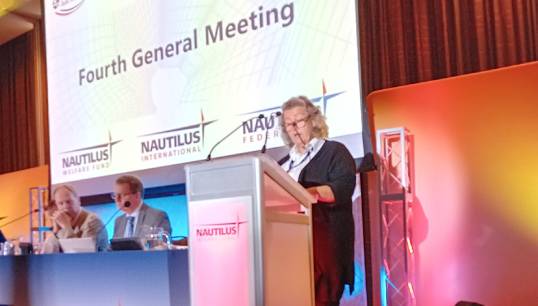 Image:Nautilus Council member Dawn Franklyn proposing the motion Future-proofing skills and training to the 2023 Nautilus International General Meeting. Image: Nautilus International 
