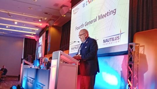 Image:Nautilus member Stephen Gudgeon proposing the motion ESG and HRDD to the 2023 Nautilus International General Meeting. Image: Nautilus International 