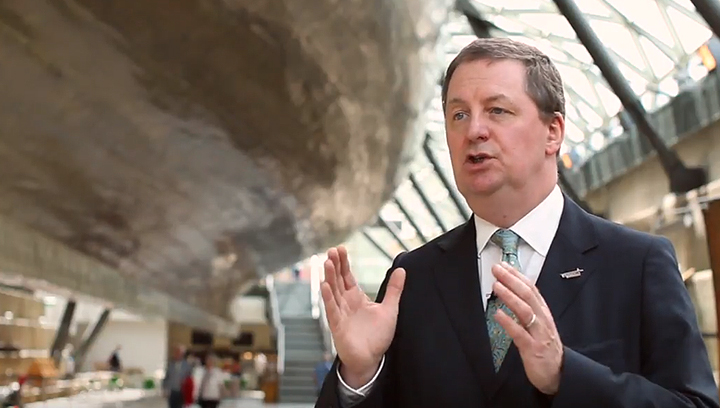 Image:Nautilus general secretary Mark Dickinson shows how to speak to camera for a Union video.