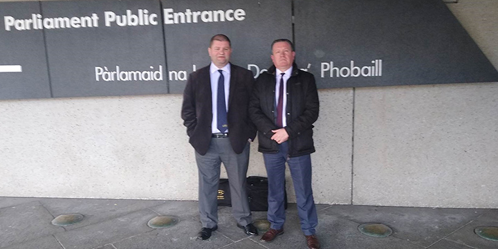 Image:Nautilus national ferry organiser Micky Smyth (right) at the Scottish parliament building with Gordon Martin of the RMT union