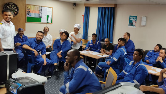 Image:A gathering in the crew recreation room onboard one of the vessels in the SIM project Phase Two trial. All crew are all tested for Covid-19 before joining their contracts. Image: ISWAN