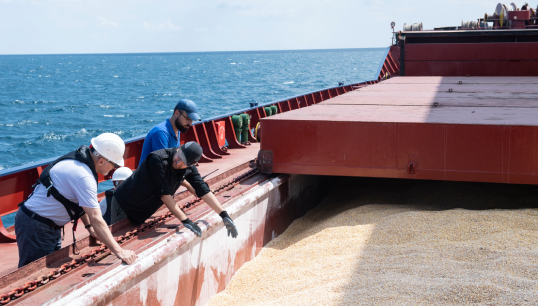 Image:Inspectors from the UN Joint Coordination Centre checking the bulk carrier Razoni in August 2022 as part of the Black Sea Grain Initiative.  Image: OCHA/Levent Kulu