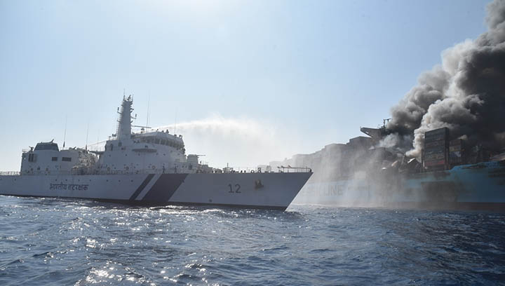 Image:An Indian coast guard ship fights a major fire onboard the Maersk Honam. Wikimedia Commons