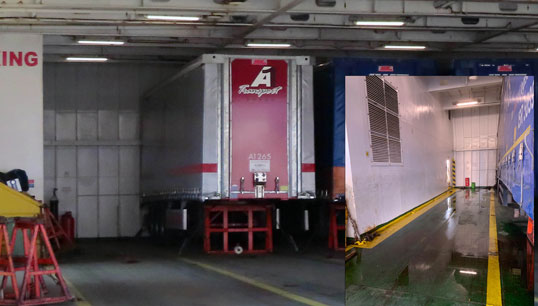 Image:Reconstruction of the semi-trailer parking arrangement, with inset view of the space (post-accident). Image: MAIB