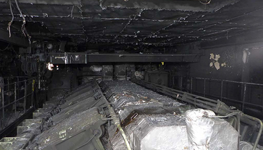 Image:Devastating fire damage in the engine room of the Finlandia Seaways. Image: MAIB