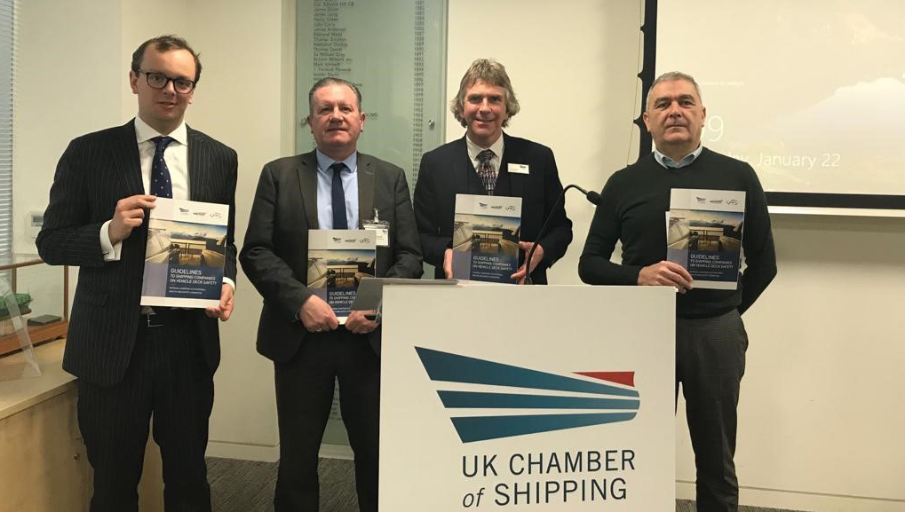 Image:Nautilus national ferry organiser Micky Smyth (second from left) with other social partners at the ro-ro vessel deck safety guidance workshop from the UK Chamber of Shipping – Robert Carington (left) and Tim Springett – and RMT official Mark Carden (far left). Image: UK Chamber of Shipping