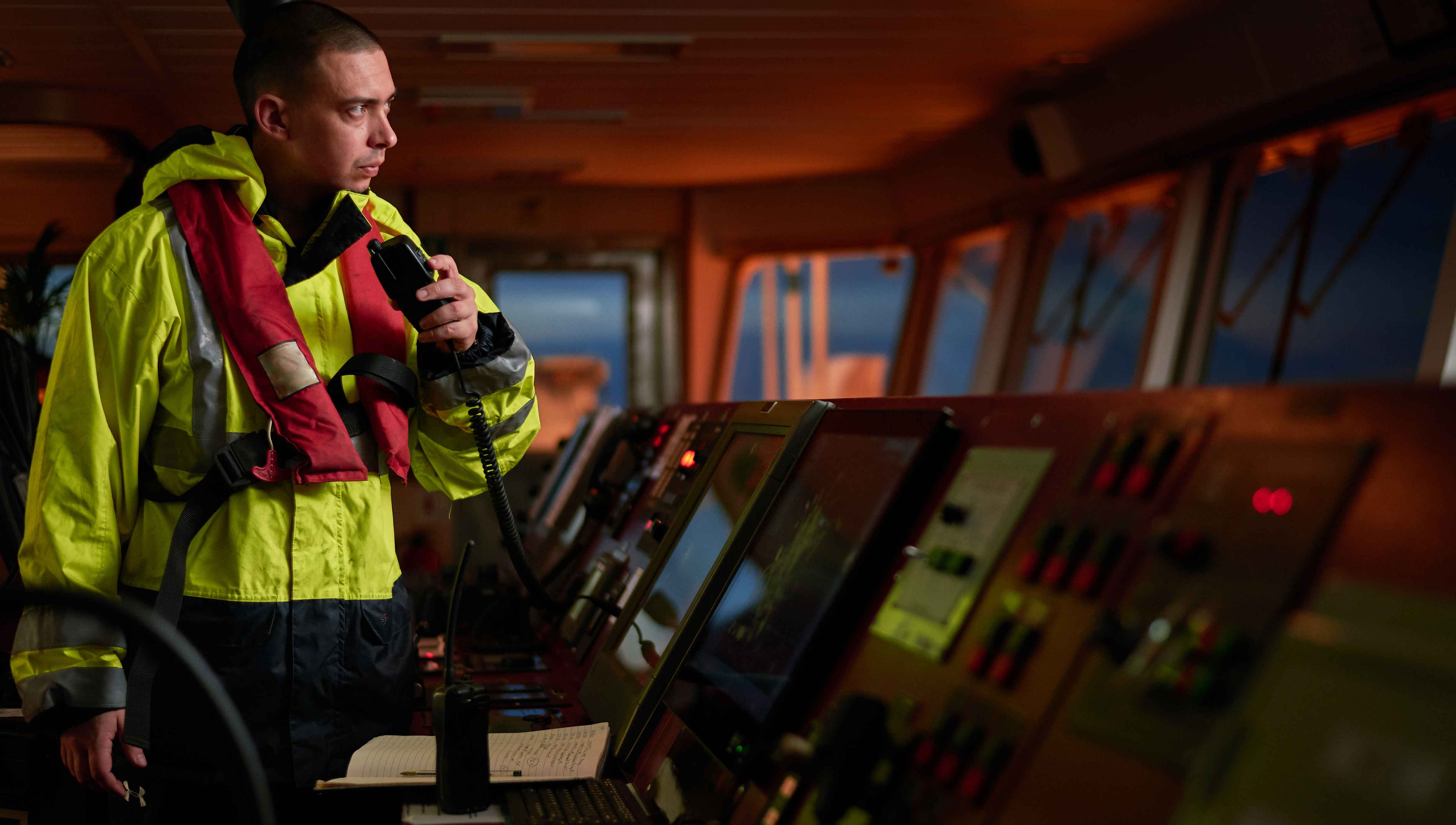 Image:Navigator performing bridge duties at sunrise. Image: Getty Images