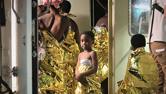 Image:Migrants onboard the Ocean Viking. Image: SOS Méditerranée Twitter