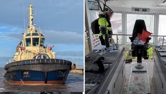 Image:The Svitzer Avon tug and the wheelhouse after the incident. Images: MAIB