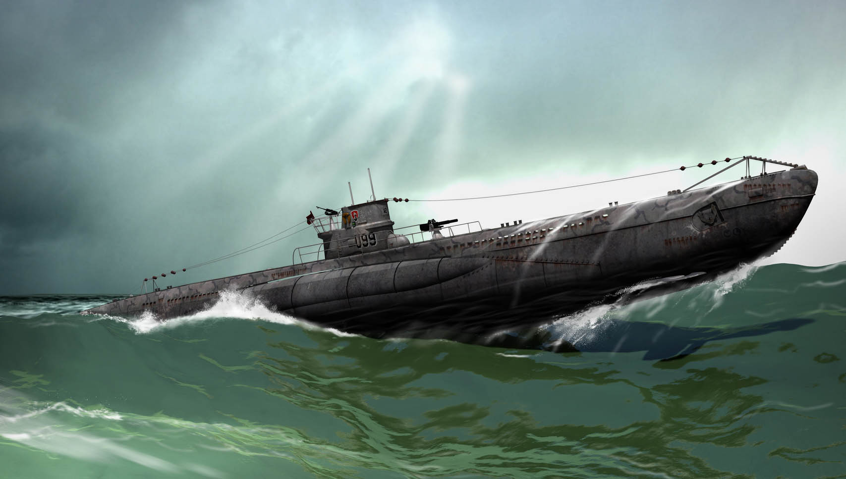 Image:3d illustration of a German U-Boat patrolling the roughs seas of the North Atlantic.
