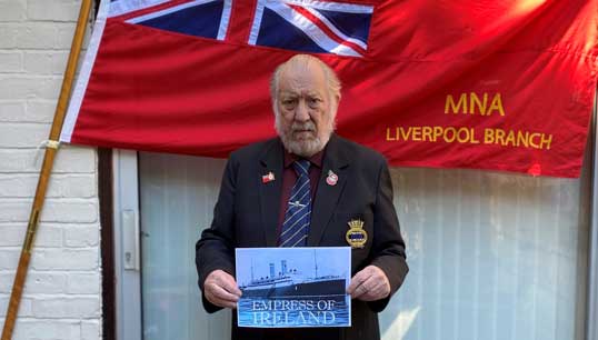 Image:Bill Anderson speaking on the 106th anniversary of the sinking of steamship ocean liner Empress of Ireland earlier in 2020. He was also chair of the Liverpool Merseyside branch of the Merchant Navy Association.