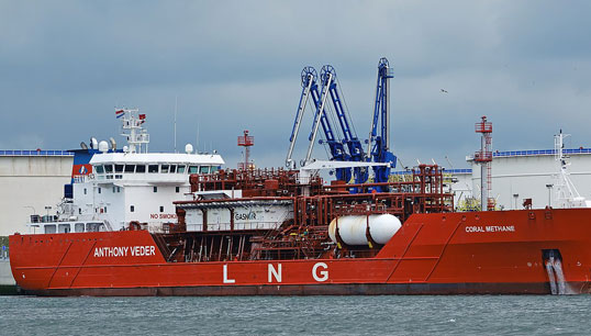 Image:An Anthony Veder LNG tanker in a Rotterdam port. Image: Wikimedia Commons