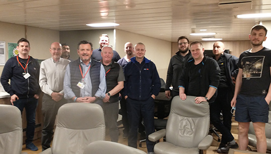 Image:Nautilus national organiser Steve Doran (fourth from left) with members onboard the Boskalis Subsea Services vessel Polaris. Image: Nautilus International