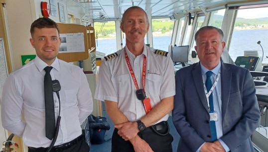 Image:(From right to left) Nautilus head of industrial Micky Smyth during a recent ship visit to the CalMac ferry MV Bute, with Captain James Cotterill and third officer John Morrison. Image: Nautilus International