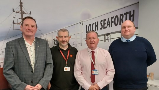 Image:The CalMac JCC meeting: (L-R) liaison officers Iain MacKenzie (Nautilus UK branch chair) and new liaison officers Allan Dickson and and James Christie at the company offices in Gourock. Image: Nautilus International