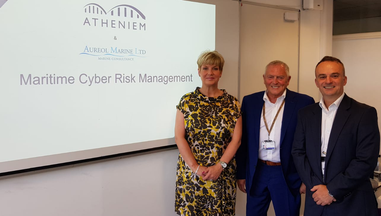 Image:At the first Maritime Cyber Risk Management course delivered at Fleetwood Nautical Campus are from left: Kathryn Neilson, director MNTB, Nautilus member Brian Beckley of Aureol Marine, and Paul Langdon of Atheniem Limited. Image: Aureol Marine