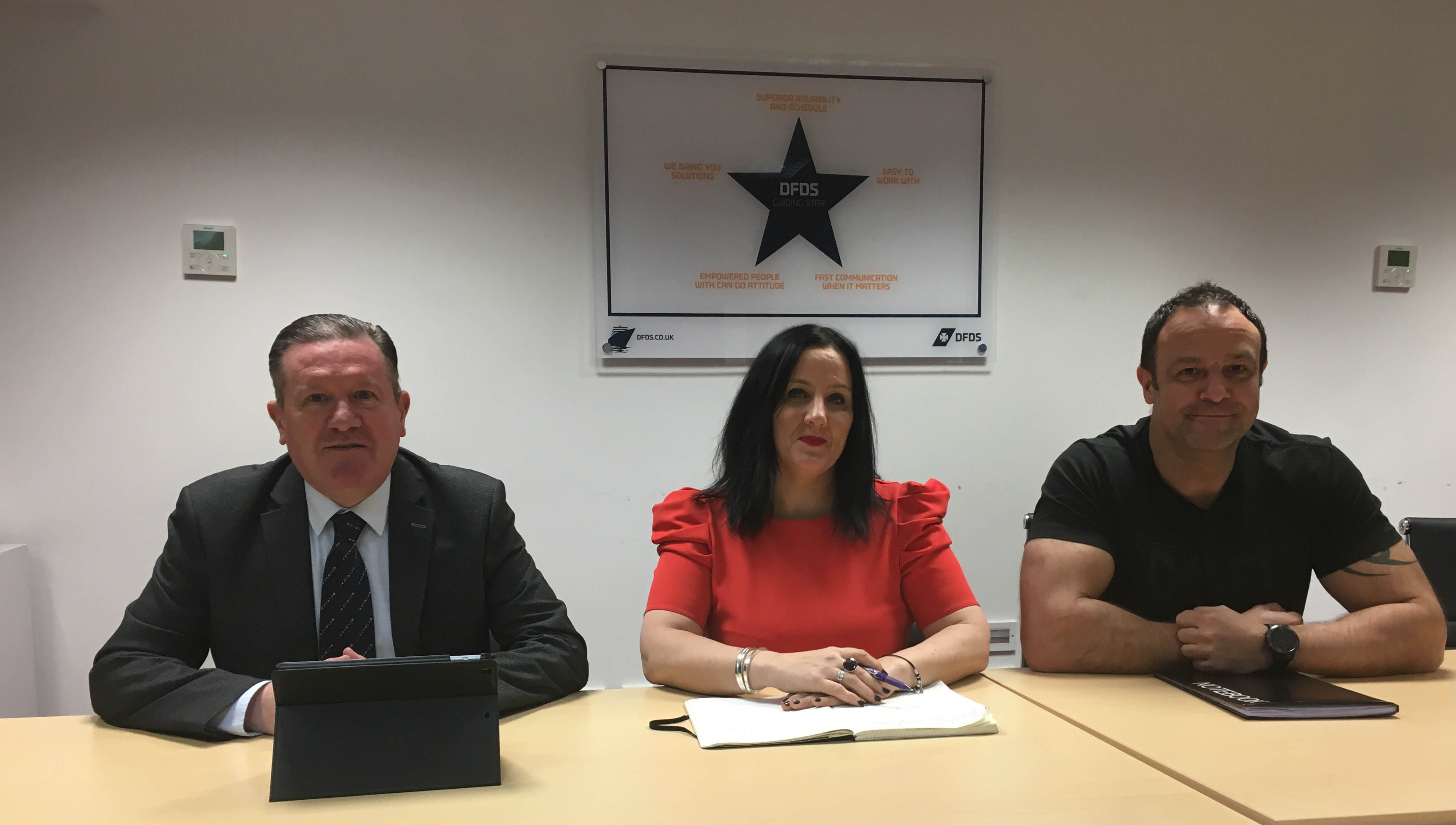 Image:From left: Micky Smyth (Nautilus), Gemma Griffin (vice president HR and crewing) and liaison officer Captain Dave Miller at a meeting in 2018.