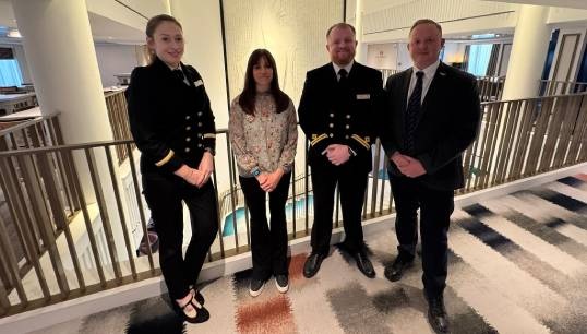 Image:From left onboard Spirit of Adventure: Sophie Frapwell, clearance officer; Rachel Lynch, Nautilus strategic organiser; Marc Tracey, Nautilus liaison officer; Danny McGowan, Nautilus head of international relations. Image: Nautilus International
